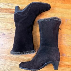 Sleek Deep Brown Suede Faux Fur Trim Boots